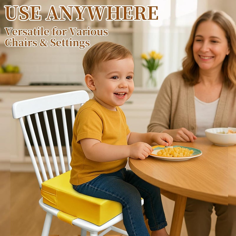AAAini Toddler Booster Seat for Dining Table – PU Washable Cushion with Double Safe Straps, Non-Slip Bottom, Portable Travel Booster Seat for Toddlers (Yellow) - Image 2